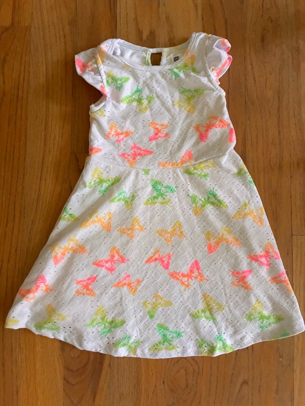 Epic Threads Girls Size 6 White Eyelet Neon Butterfly Dress Flutter Sleeve